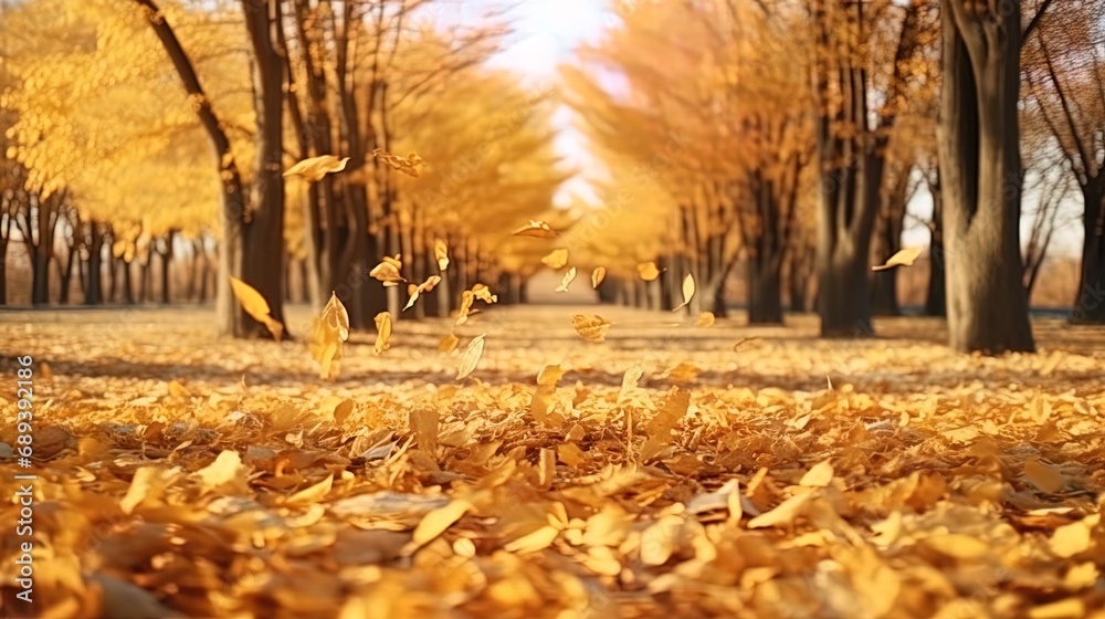 Nature curtsy dance of gold leaves in a windy park