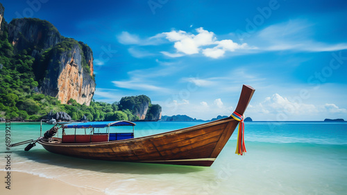 Thai traditional wooden longtail boat and beautiful sand Railay Beach in Krabi province. Ao Nang, Thailand. 