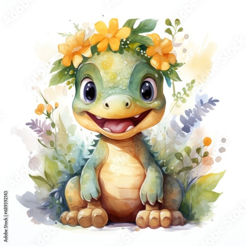 Cute dinosaur with flower wreath. Watercolor cartoon illustration © Petrova-Apostolova