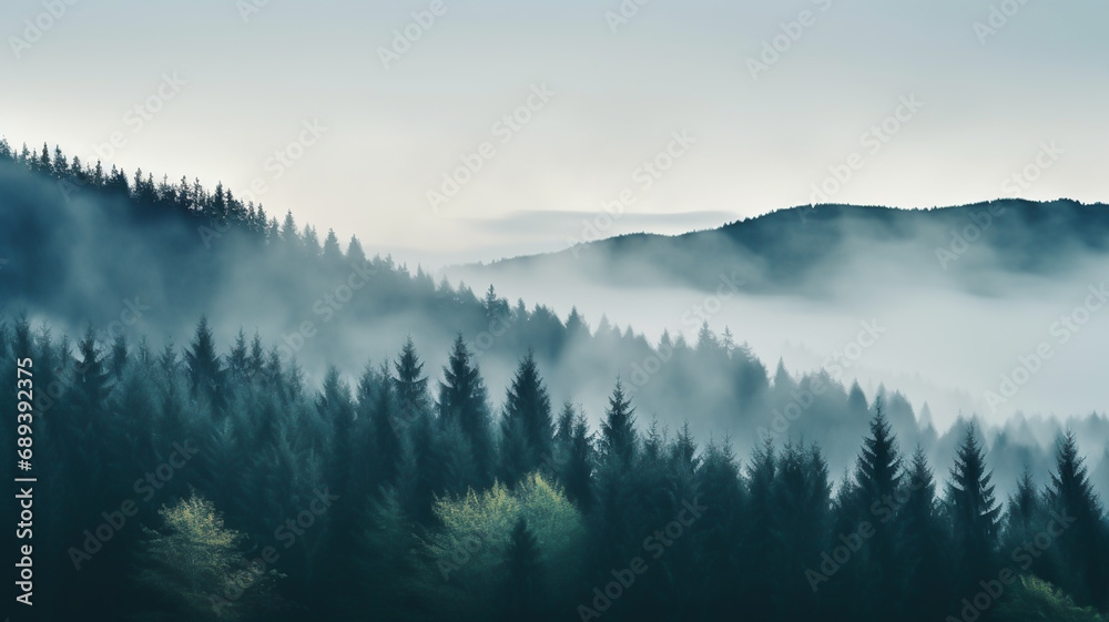 Obraz premium Misty landscape with forest. Fog over spruce forest trees at early morning. Spruce trees silhouettes on mountain hill forest at autumn foggy scenery. 