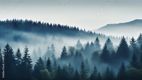 Misty landscape with forest. Fog over spruce forest trees at early morning. Spruce trees silhouettes on mountain hill forest at autumn foggy scenery.  © Artofinnovation