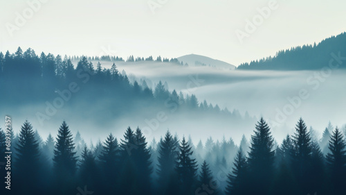 Misty landscape with forest. Fog over spruce forest trees at early morning. Spruce trees silhouettes on mountain hill forest at autumn foggy scenery. 