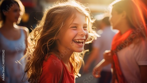 Radiant young girl with curly hair, laughing joyfully in a sunlit crowd, ideal for family and lifestyle content.