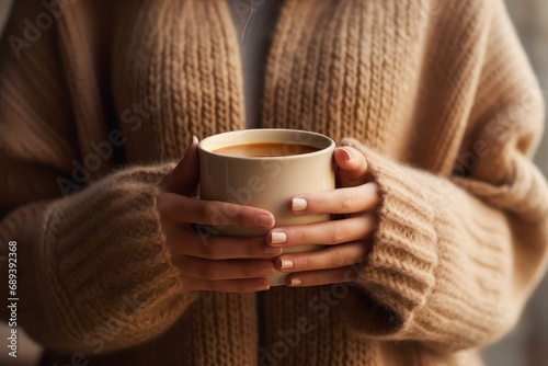 Woman in warm sweater holding cup of coffee at home, closeup, female holding a cup of hot drink, hands holding hot cup of coffee or tea in morning, girl holding a cup of coffee