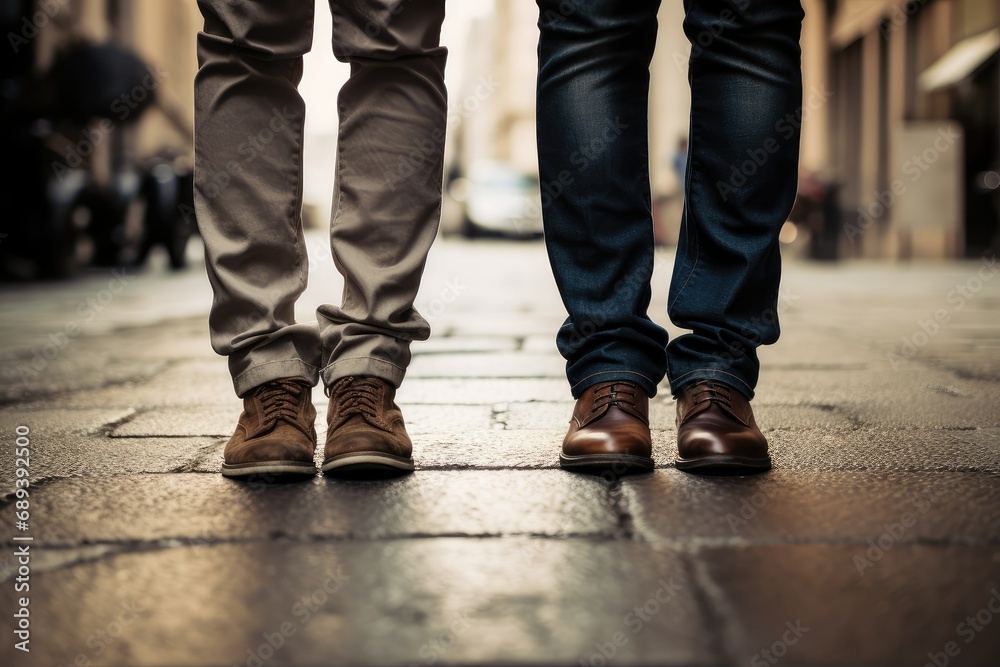 Street fashion concept, Legs of a man and a woman walking in the city, casual fashion concept, men in jeans and sneakers, Close up view of legs of man in stylish sneakers and jeans Street fashion concept, Legs of a man and a woman walking in the city, casual fashion concept, men in jeans and sneakers, Close up view of legs of man in stylish sneakers and jeans