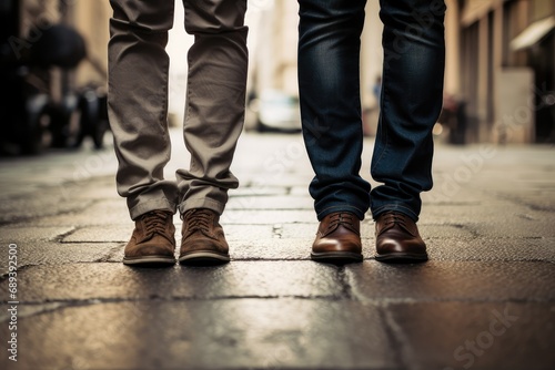Street fashion concept, Legs of a man and a woman walking in the city, casual fashion concept, men in jeans and sneakers, Close up view of legs of man in stylish sneakers and jeans