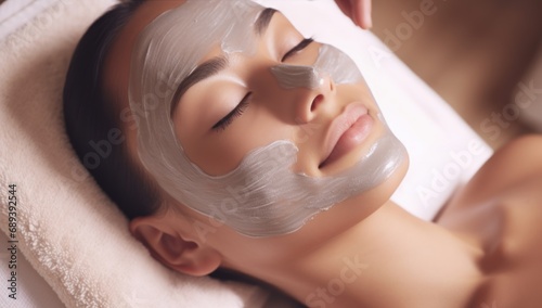 Tranquil young Asian woman enjoying a facial mask, ideal for wellness and skincare marketing.