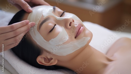 Tranquil young Asian woman enjoying a facial mask  ideal for wellness and skincare marketing.