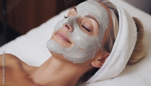 Mature Caucasian woman enjoying a luxurious facial mask treatment in a serene spa setting, ideal for wellness and skincare themes.