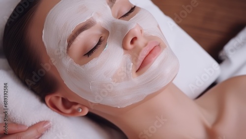 Young Caucasian woman receiving a relaxing facial mask treatment at a spa, perfect for health and beauty campaigns.