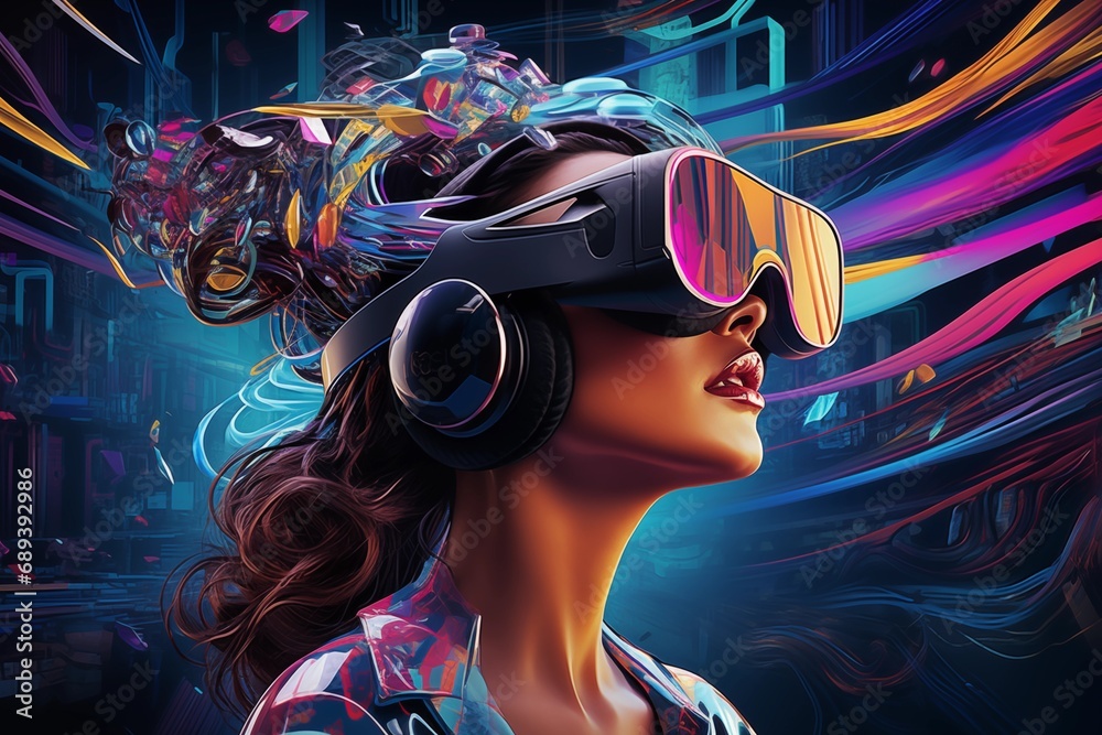 Frau mit VR-Brille in neonfarben, Virtuelle Realität Frau mit VR-Brille in neonfarben, Virtuelle Realität