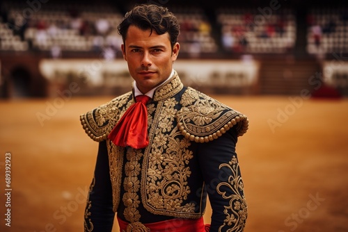 Bullfight in Spain. Spanish bullfighter in the bullfighting arena. Spanish bullfighting bull and matador photo