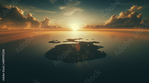 Morning gentle sun among clouds illuminates deserted island densely covered with trees in middle of clear ocean. Clouds part allowing sun to shine on island located in clear ocean water photo