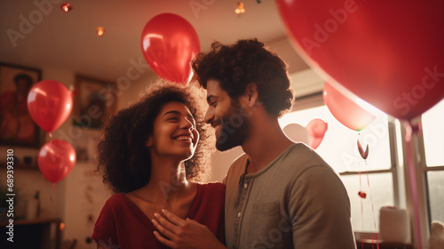 Happy couple hugging stands smiling and looking in love in apartment surrounded by balloons of different colours. Man with beard made surprise for beloved girlfriend n honour of anniversary