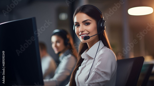 Nice customer service female representative wearing modern headphones in office uniform with wide smile works at personal computer at workplace. Young pleasant woman takes moment to pose smile