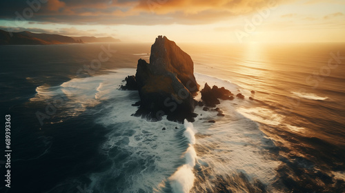 Colossal coastal cliffs make tall violent sea waves break in light foam at fairy sunset. Sun rises from behind horizon illuminating rocks washed by cold ocean carving out fanciful shape