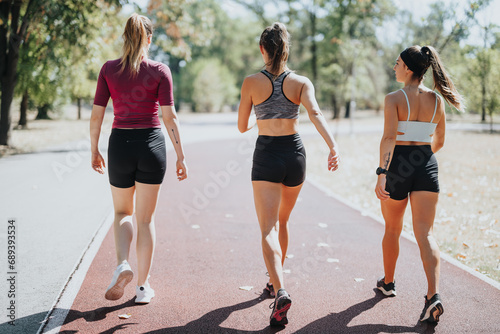 Fit girls jogging in a park, enjoying outdoor sports and staying active on a sunny day.