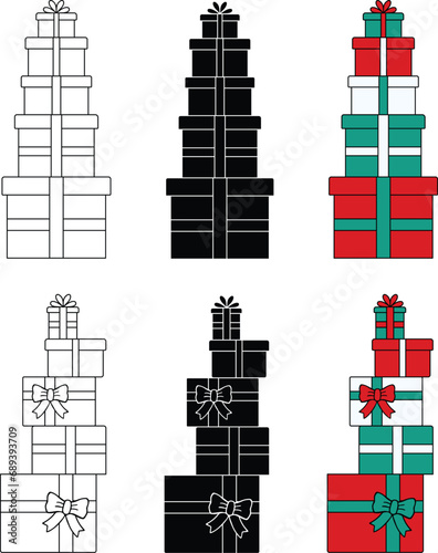 Stack of Christmas Gifts or Presents Clipart Set - Outline, Silhouette & Color