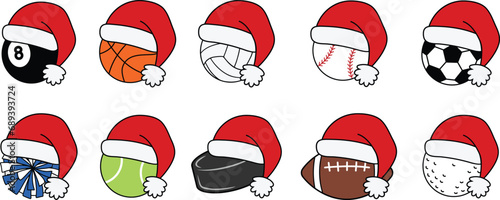 Christmas Sports Balls wearing Santa Hats Clipart Set