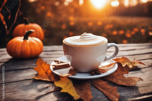 still life of a cup of hot latte and pumpkins on an old wooden table against the background of beautiful autumn nature at sunset, decoration for Halloween