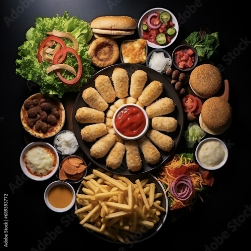 a platter of fast food with fries, chicken, and other items