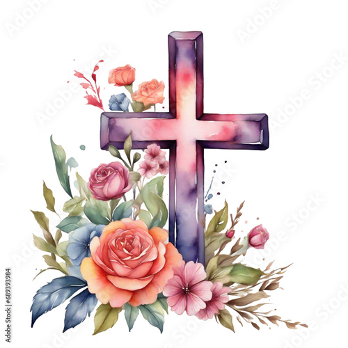 watercolor  christian cross in flowers on white background