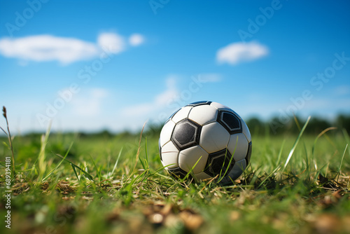 lone soccer ball resting on a vibrant green field, minimalistic cinematic style © HASAN