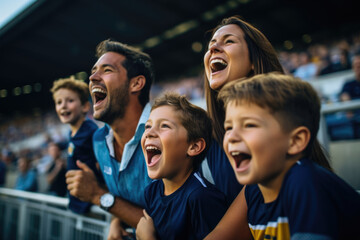 A family overwhelmed with joy stands in front of the stadium, their animated expressions reflecting genuine excitement and unwavering support for their team during the match
