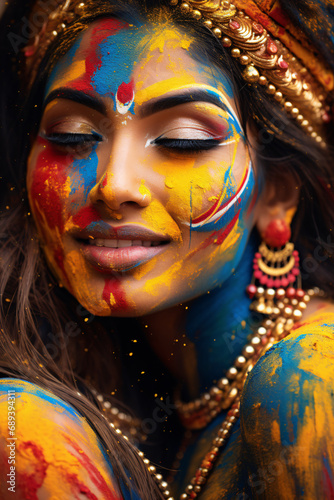 Beautiful Woman at holi festival with colorful paint on face