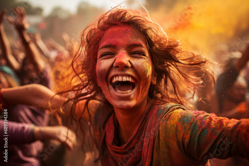 Beautiful Woman at holi festival with colorful paint on face, Generative AI