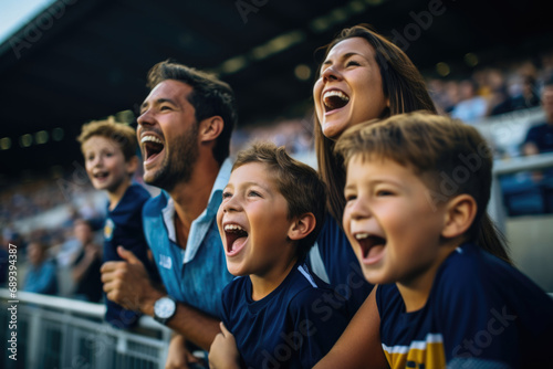 A family overwhelmed with joy stands in front of the stadium, their animated expressions reflecting genuine excitement and unwavering support for their team during the match