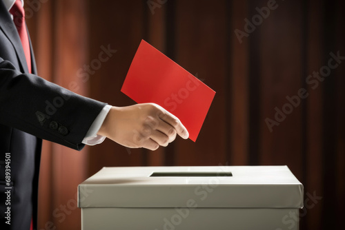 Civic duty captured: an up-close image of a hand contributing to the electoral process, placing a vote into an election box during the Chinese presidential election