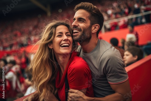 A fervent pair, a man and a woman, immersed in the football action on the field during a match, showcasing unwavering support and jubilant enthusiasm