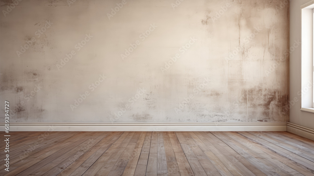 Empty Room Interior with Brown Stucco Wall and Wooden Floor