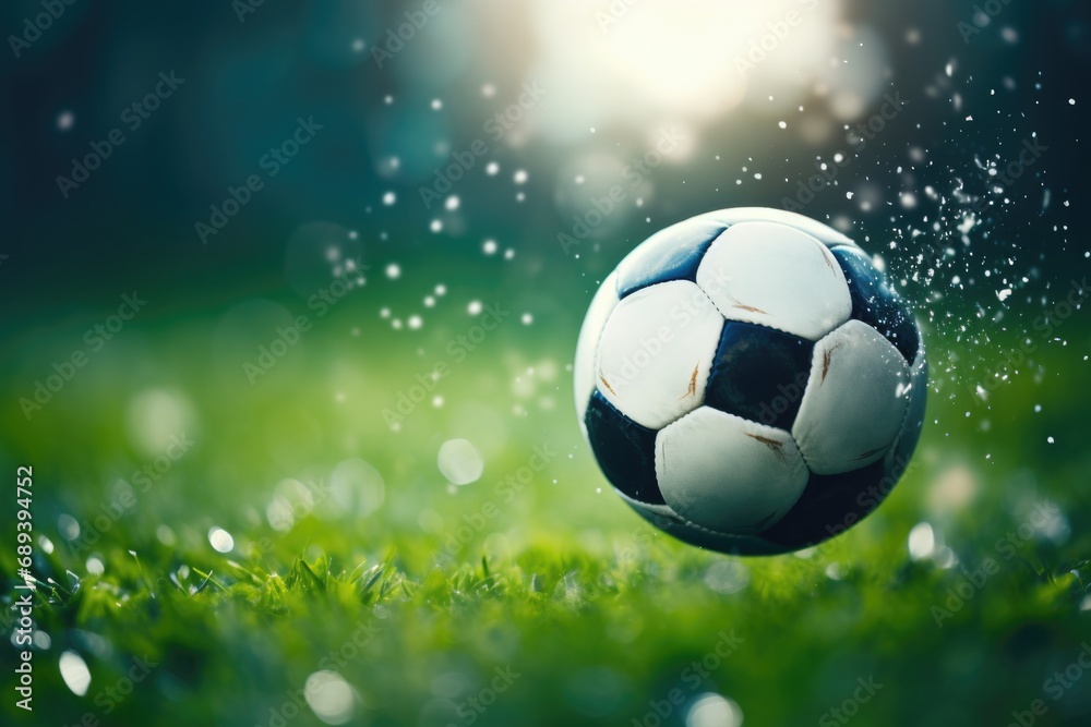 In this close-up shot, the soccer ball hovers over the soccer field, capturing the sense of anticipation and movement, illustrating the grace and fluidity of the game