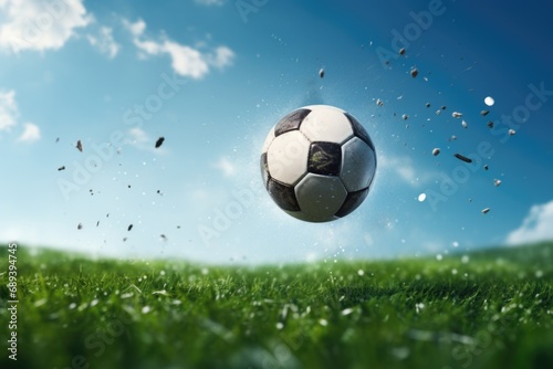 A breathtaking close-up captures the soccer ball soaring gracefully over the soccer field, suspended in mid-air, embodying the beauty and dynamic energy of the sport