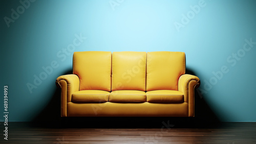 yellow sofa in the style of the 60s against the background of a cyan wall in an old office  an idea for a concept or mockup for advertising interiors