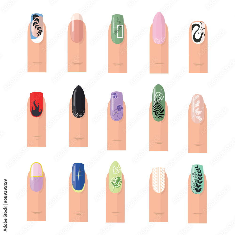 Set of fingers with a beautiful manicure in a cartoon style. Vector illustration of manicure nails with different designs and shapes and lengths: square, soft square, oval, almond, ballerina.
