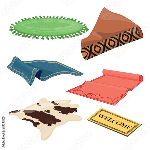 Set of carpets for the floor in a cartoon style. Vector illustration of living room floor rugs of different size and shape, twisted and spread with welcome lettering isolated on white background.