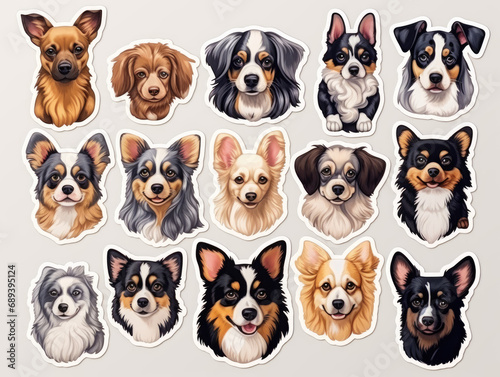 Dog portrait stickers featuring adorable small breeds like Chihuahua and French Bulldog. © Bela