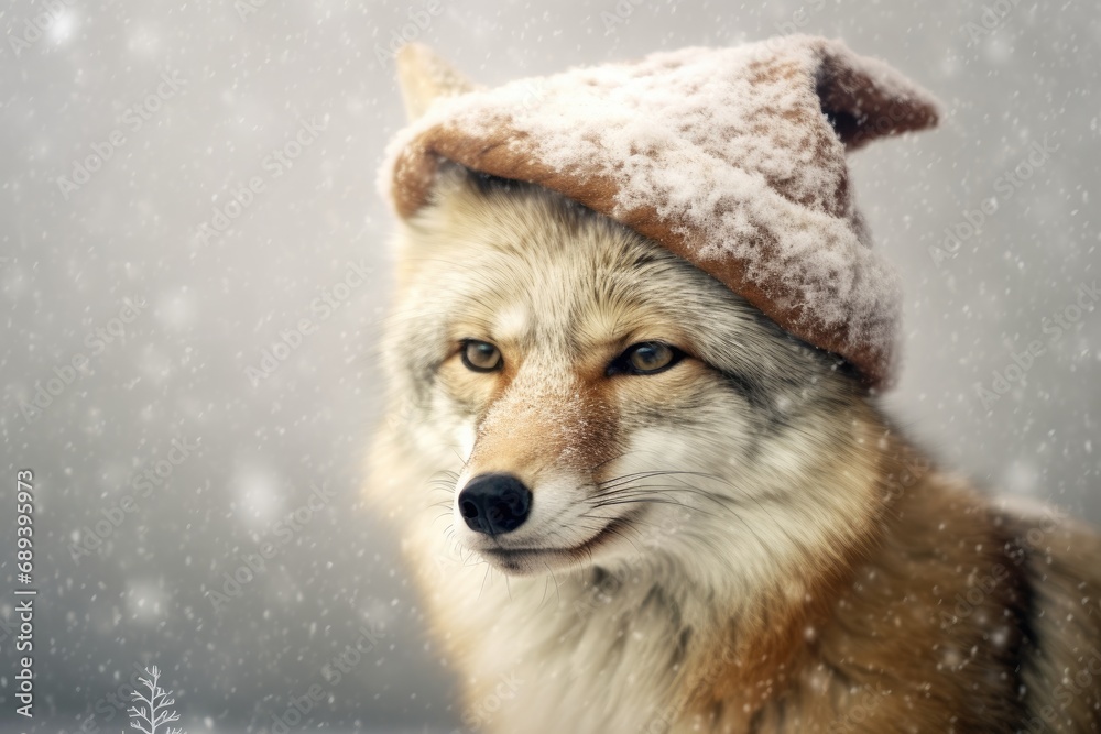 Cute wolf coyote red santa hat background snow postcard fluffy animals gift red winter photo Cute wolf coyote red santa hat background snow postcard fluffy animals gift red winter photo