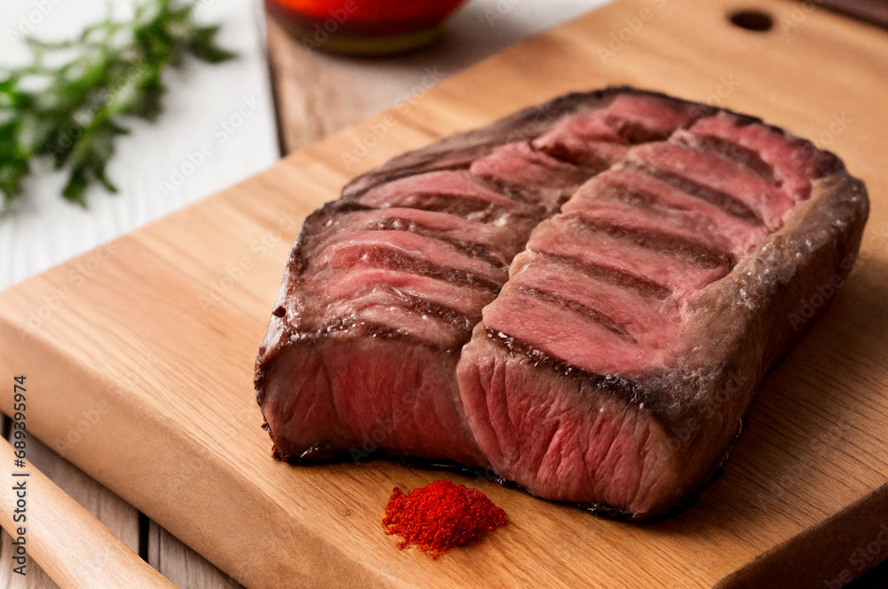 Photo of a steak with herbs and spices lying on the table, food photo
