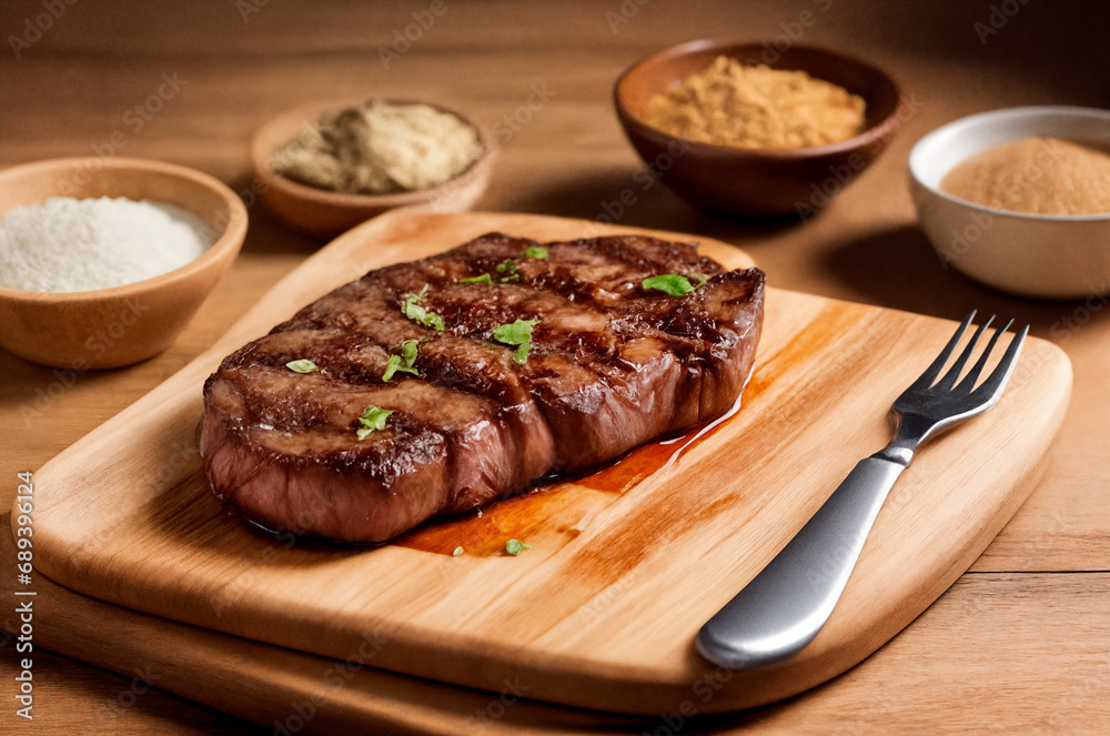 Photo of a steak with herbs and spices lying on the table, food photo Photo of a steak with herbs and spices lying on the table, food photo