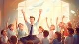 education, elementary school, learning and people concept. group of school kids with teacher sitting in classroom and raising hands