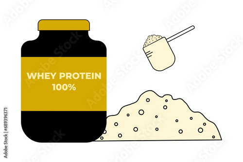 Portion of whey protein powder and bottle isolated on white background. Simple cartoon flat. Vector illustration