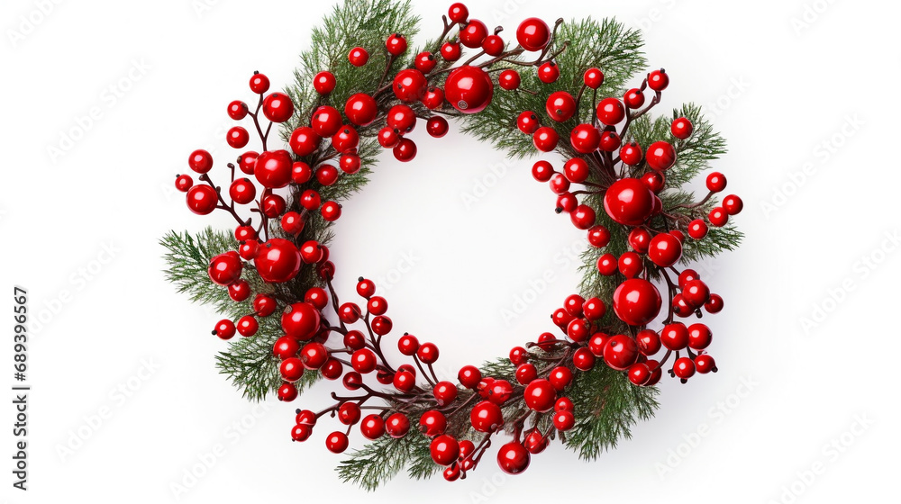 Top view of festive Christmas wreath with Red Holly Berries on white background