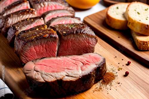 Photo of a steak with herbs and spices lying on the table, food photo
