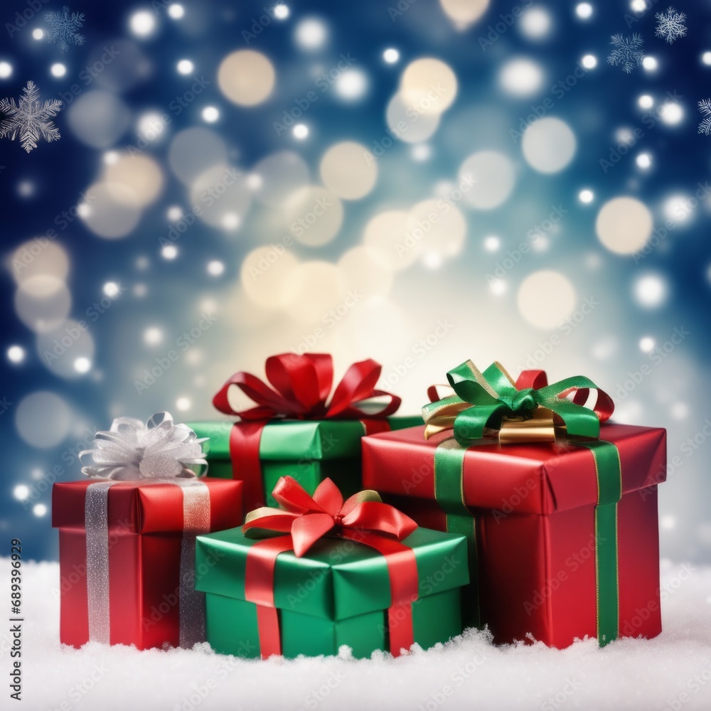 Christmas Gifts box on a snowy background, A bokeh background effect.