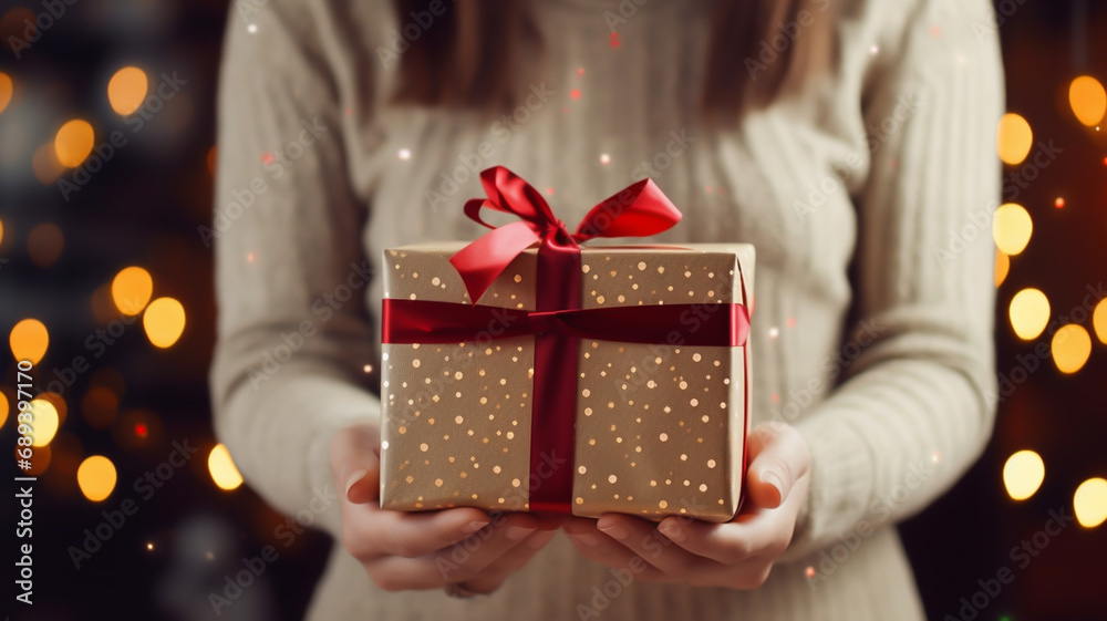 Woman in sweater holding stylish christmas gift with red ribbon Woman in sweater holding stylish christmas gift with red ribbon
