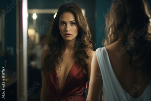 Classy beautiful woman looking at her reflections in the mirror 